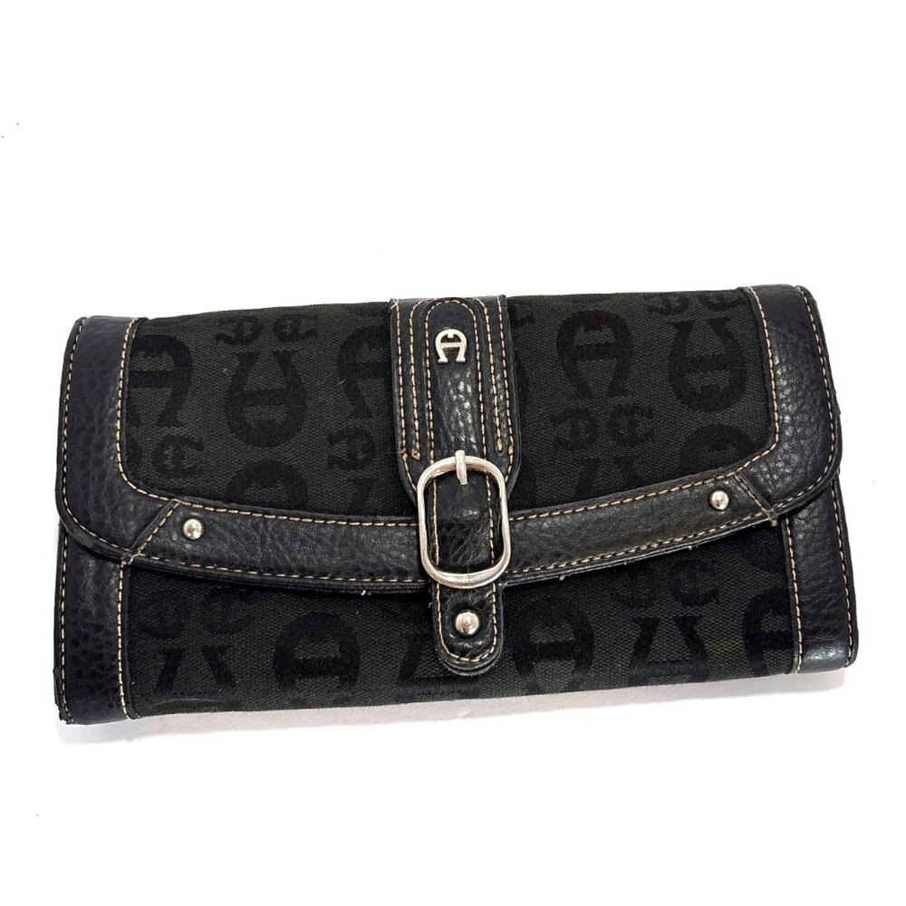 Black Etienne Aigner Monogram Canvas & Leather Wallet Clutch Buckle Closure - Picture 1 of 7